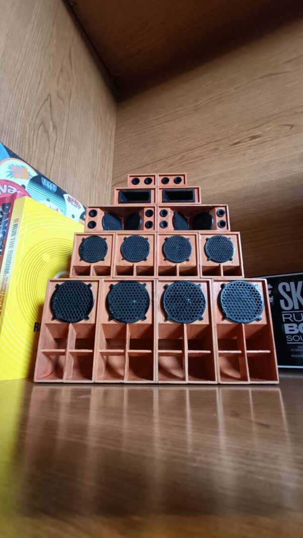 Assembled mini reggae sound system kit displayed on a shelf.