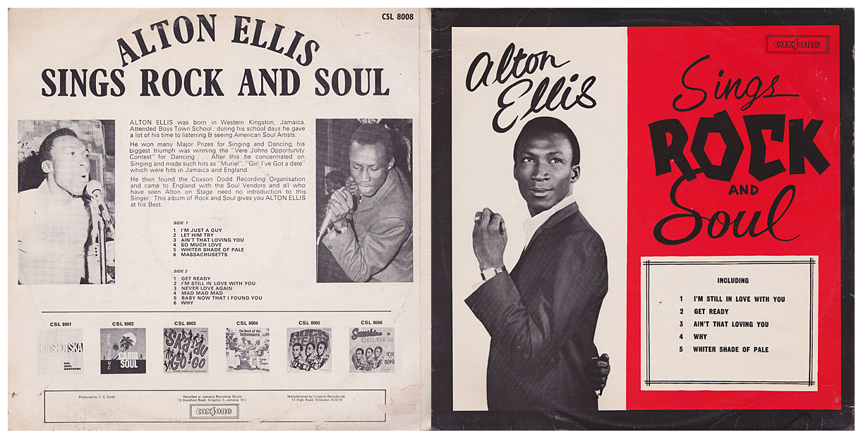 Album cover of 'Alton Ellis Sings Rock and Soul' produced by Coxsone Dodd at Studio One, featuring images and tracklist of Alton Ellis, a pioneer of rocksteady music.