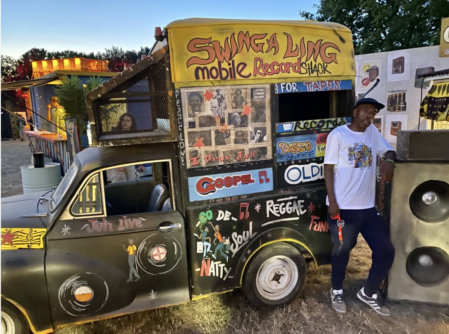 The iconic Swing-A-Ling Mobile Record Shack, parked on a dub camp festival at France.