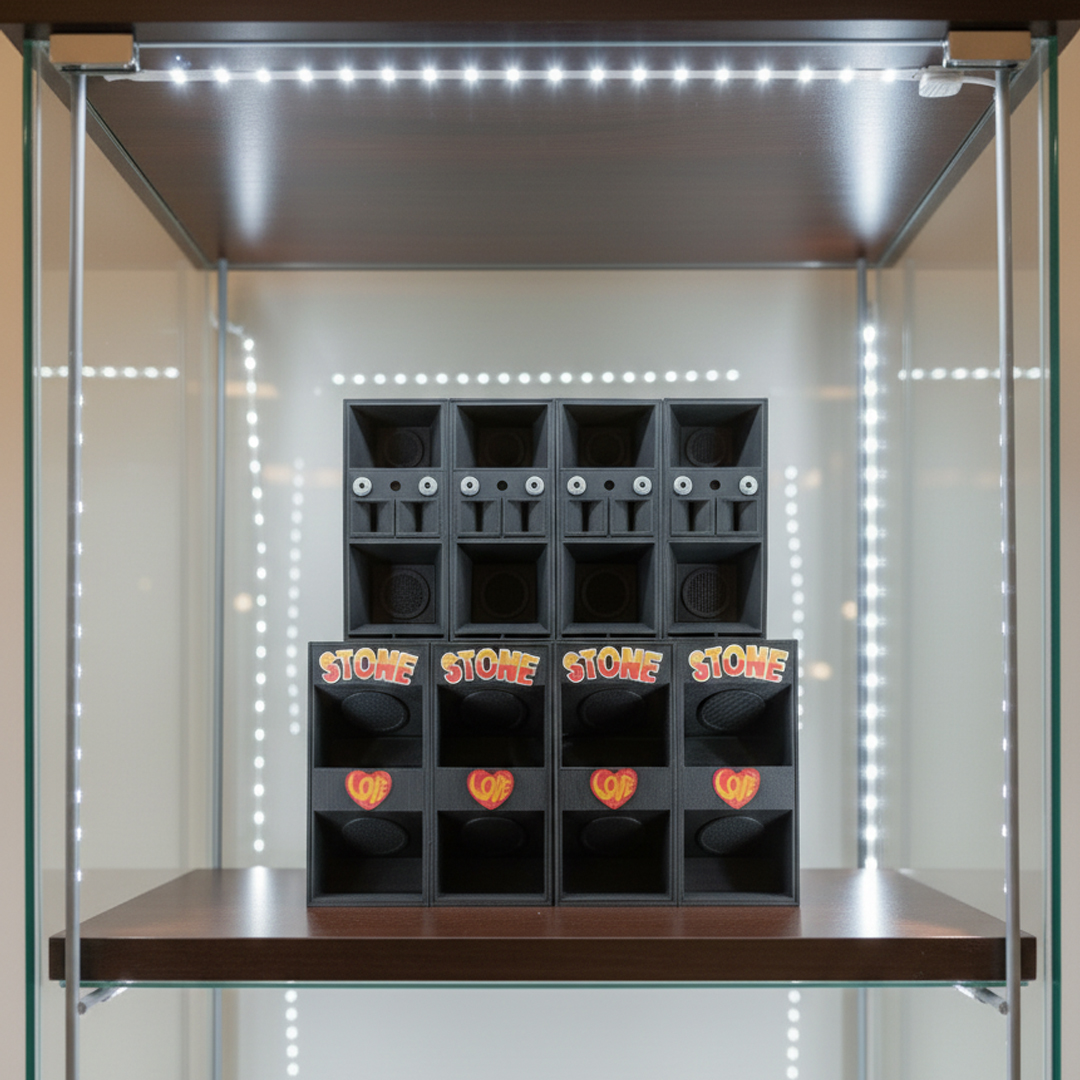 The replica of stone love sound system inside a showcase with leds