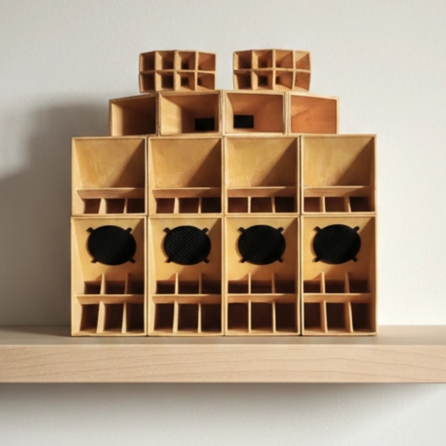 Miniature sound system on a shelf with warm lighting